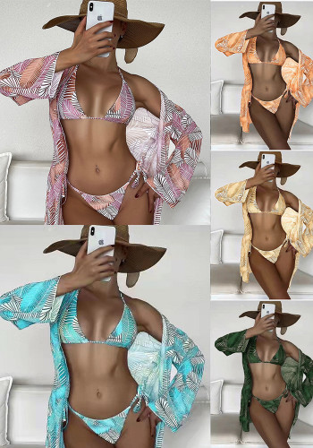 Sexy Print Coverup Bikini Three-Piece Swimsuit