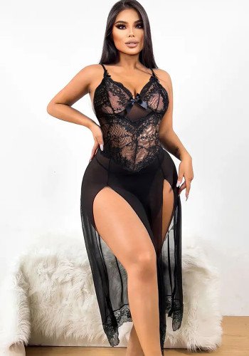 Sexy Lingerie Sexy Black See-Through Lacemesh Strap Slit Night Dress
