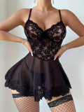 Sexy Lingerie Black See Through Lace Mesh Strap Night Dress