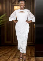 Lace Lantern Sleeve Elegant Ruffle Lace Party  Dress