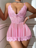 Sexy Lingerie Sexy V-Neck Pink Lace Mesh Strap Night Dress