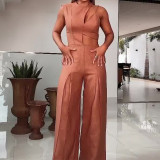 Summer Fashion Round Neck High Waist Solid Color Hollow Wide Leg Jumpsuit