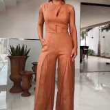 Summer Fashion Round Neck High Waist Solid Color Hollow Wide Leg Jumpsuit