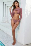 Women's Sexy Solid Color Two Pieces Low Back Bikini Long Sleeve Three-Piece Swimsuit