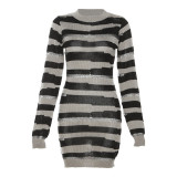 Spring Women's Sexy Hollow Knitting Contrast Color Patchwork Bodycon Dress
