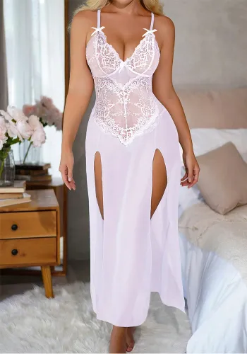 Sexy Lingerie Sexy White See-Through Lacemesh Strap Slit Night Dress