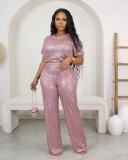 Women Spring Summer Sequin Solid Short Sleeve Top and Pants Two-piece Set