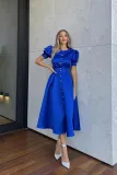 Women Round Neck Puff Short Sleeve Pleated Pearl Button Dress