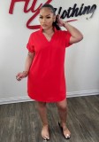 Women Sexy Solid V Neck Short Sleeve Turndown Collar Solid Dress