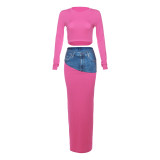 Women Spring Summer Top and Patchwork Denim Printed Long Skirt Two-piece Set