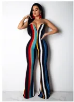 Sexy Stripe Printed Women's Strapless V-Neck Zjumpsuit
