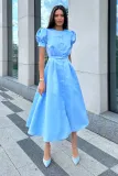 Women Round Neck Puff Short Sleeve Pleated Pearl Button Dress
