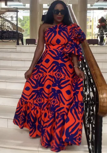 Women Print Slash Shoulder Balloon Sleeve Lace Maxi Dress