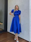 Women Round Neck Puff Short Sleeve Pleated Pearl Button Dress