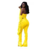Women Long Sleeve Solid Pleated Off Shoulder Sexy Top and Pant Two-piece Set