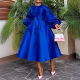 Women Solid Loose Buttoned Balloon Sleeve Dress