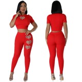 Women Spring Rhinestone Short Sleeve Top and Trousers Casual Two-piece Set