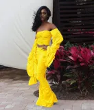 Women Long Sleeve Solid Pleated Off Shoulder Sexy Top and Pant Two-piece Set