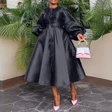 Women Solid Loose Buttoned Balloon Sleeve Dress