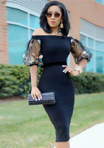 Women Embroidered Puff Sleeve Off Shoulder Dress