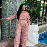 Women Sexy Printed Loose Off Shoulder Elastic Pleated Long Sleeve Top and Wide Leg Pants Two-piece Set
