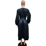 Women Solid Loose Buttoned Balloon Sleeve Dress