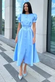Women Round Neck Puff Short Sleeve Pleated Pearl Button Dress