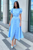 Women Round Neck Puff Short Sleeve Pleated Pearl Button Dress