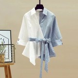 Plus Size Women Spring Patchwork Fake Two-Piece Shirt and Denim Pant Two-Piece Set