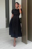 Women Round Neck Puff Short Sleeve Pleated Pearl Button Dress
