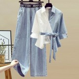 Plus Size Women Spring Patchwork Fake Two-Piece Shirt and Denim Pant Two-Piece Set