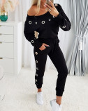 Women Casual Long Sleeve Slash Shoulder Top And Pant Two Piece Set