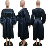 Women Solid Loose Buttoned Balloon Sleeve Dress