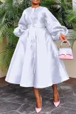 Women Solid Loose Buttoned Balloon Sleeve Dress