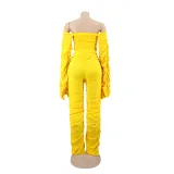 Women Long Sleeve Solid Pleated Off Shoulder Sexy Top and Pant Two-piece Set