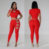 Women Spring Rhinestone Short Sleeve Top and Trousers Casual Two-piece Set