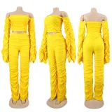 Women Long Sleeve Solid Pleated Off Shoulder Sexy Top and Pant Two-piece Set