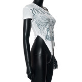 Women Summer Slash Shoulder Sleeveless Slit Lace-Up Print Top