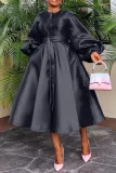 Women Solid Loose Buttoned Balloon Sleeve Dress