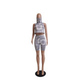 Women Printed Top and Printed Shorts Two-piece Set with Mask