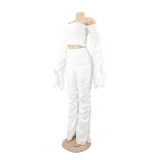 Women Long Sleeve Solid Pleated Off Shoulder Sexy Top and Pant Two-piece Set