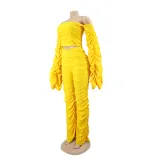 Women Long Sleeve Solid Pleated Off Shoulder Sexy Top and Pant Two-piece Set