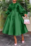 Women Solid Loose Buttoned Balloon Sleeve Dress