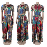 Women Sexy Printed Top and Loose Wide Leg Pants Two-piece Set