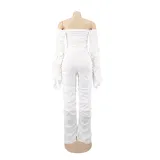 Women Long Sleeve Solid Pleated Off Shoulder Sexy Top and Pant Two-piece Set