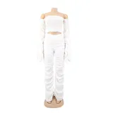 Women Long Sleeve Solid Pleated Off Shoulder Sexy Top and Pant Two-piece Set
