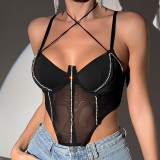Women See-Through Mesh Sexy Crop Suspender Diamond Chain Fishbone Top
