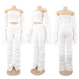 Women Long Sleeve Solid Pleated Off Shoulder Sexy Top and Pant Two-piece Set