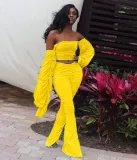 Women Long Sleeve Solid Pleated Off Shoulder Sexy Top and Pant Two-piece Set