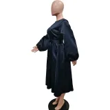 Women Solid Loose Buttoned Balloon Sleeve Dress